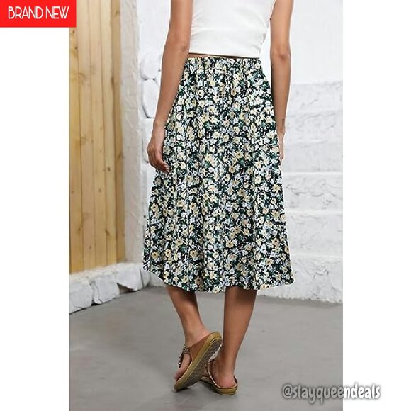 Flowy Midi Skirt High Waist Elastic A-Line with Pockets Boho Chic - Picture 4 of 8